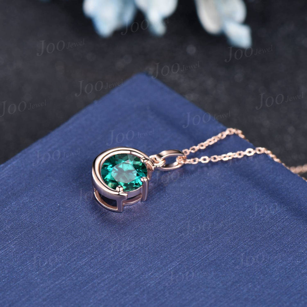 1ct Round Green Emerald Pendant Necklace Sterling Silver/14K Yellow Gold May Birthstone Gemstone Necklace Half Moon Emerald Chain Necklaces