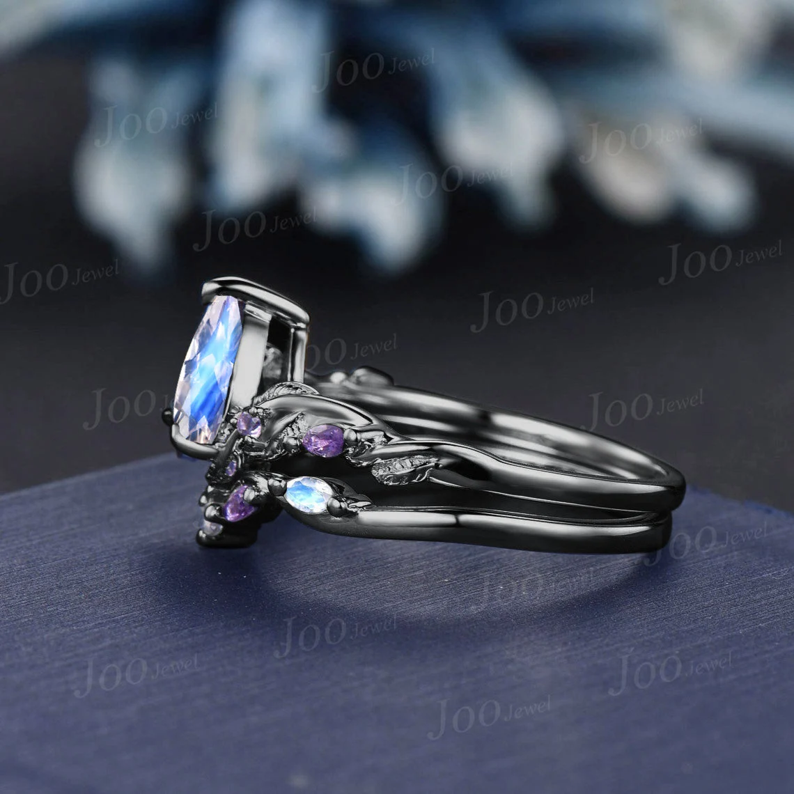 14K Black Gold Engagement Ring Set 1.25ct Pear Cut Natural Moonstone Amethyst Wedding Ring Set Nature Inspired Moonstone Jewelry for Women