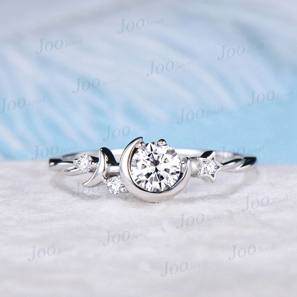 Round Cut Moissanite Engagement Ring 10K Rose Gold Moon Star Wedding Ring Cluster Celestial Moissanite Ring Unique Asymmetrical Promise Ring