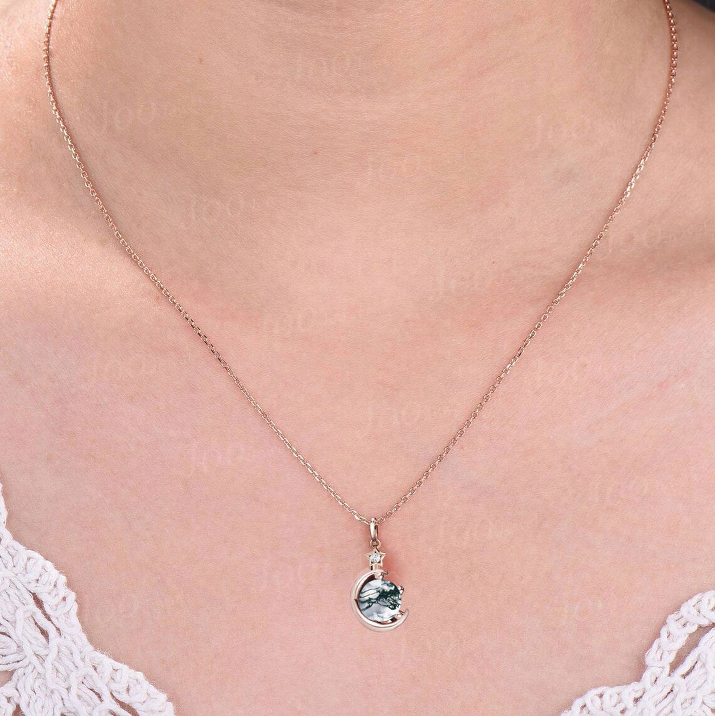 Moon Star Moss Agate Drop Necklace 14K Rose Gold 1ct Round Cut Natural Moss Agate Diamond Pendant Green Gemstone Crystal Jewelry Gifts Women