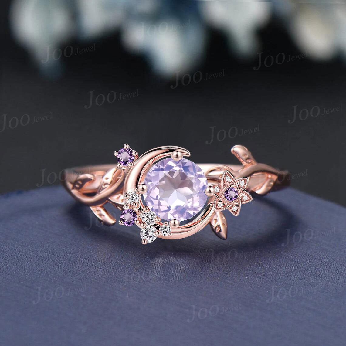 Round Lavender Amethyst Wedding Ring Crescent Moon Design Vintage Leaf Branch Flower Amethyst Dainty Cluster Crystal Promise Ring for Women