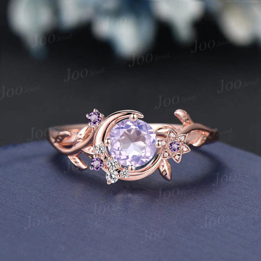 Round Lavender Amethyst Wedding Ring Crescent Moon Design Vintage Leaf Branch Flower Amethyst Dainty Cluster Crystal Promise Ring for Women