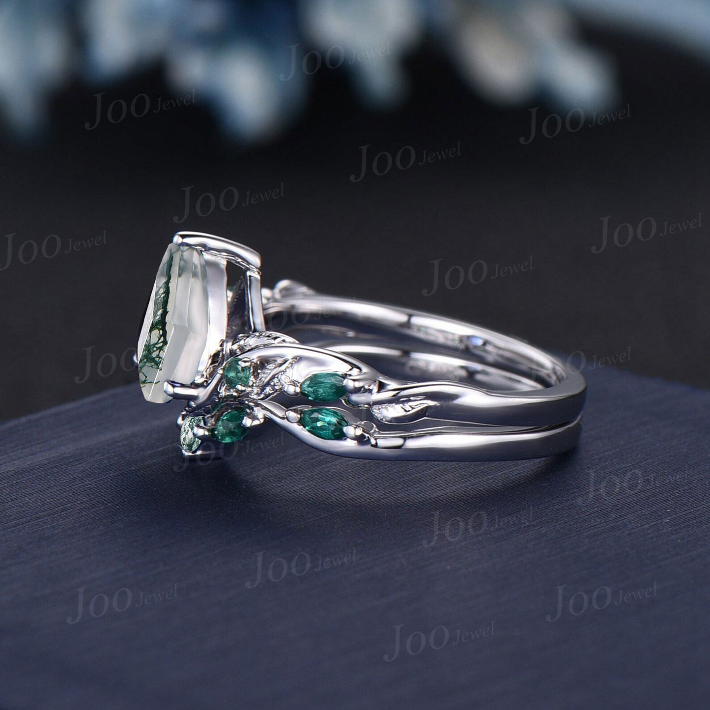 Twisted Twig Vine Pear Green Moss Agate Emerald Engagement Ring Set 14K White Gold Antique Vintage Nature Inspired Agate Promise Ring Women