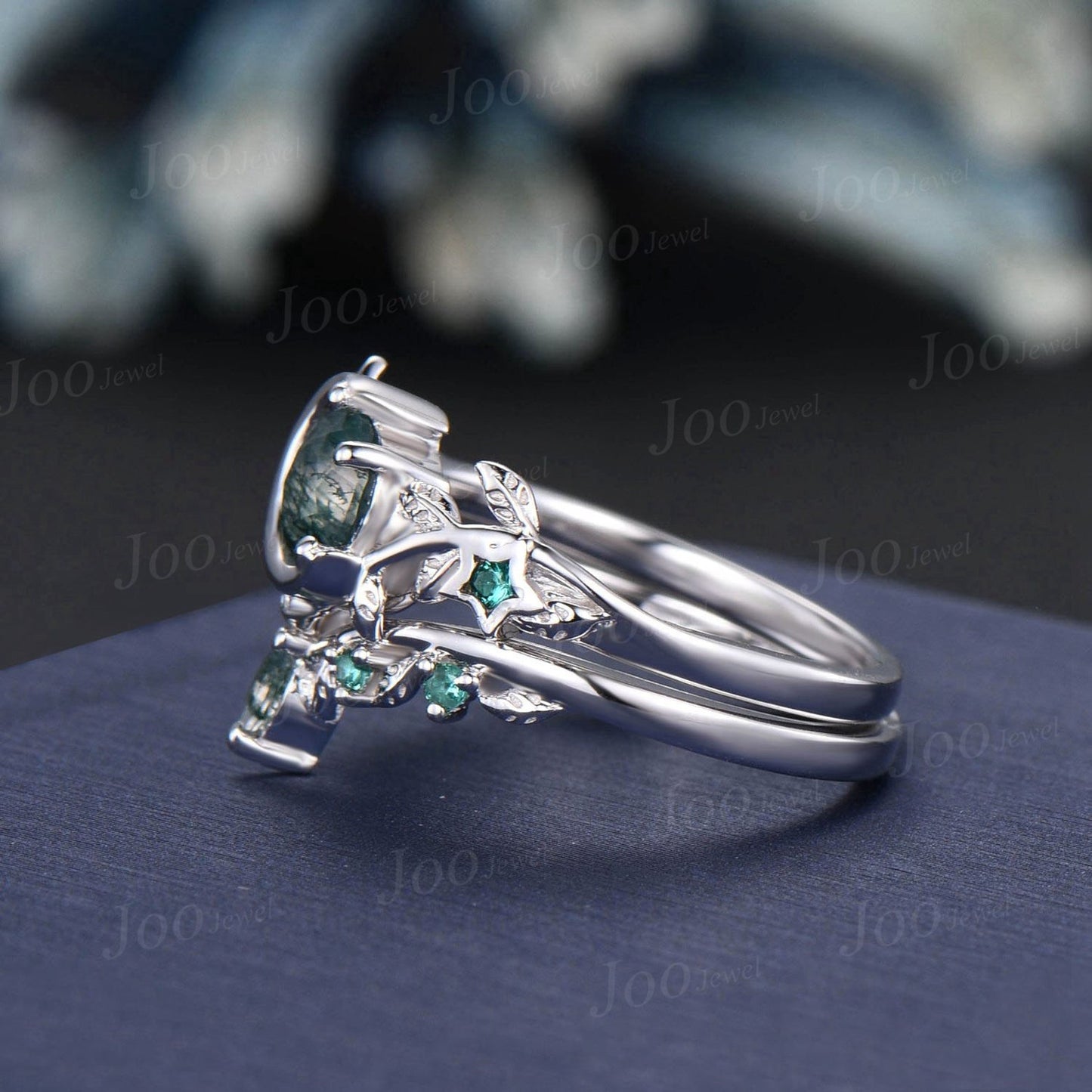 Nature Inspired Natural Green Moss Agate Emerald Ring Set Vintage 5mm Round Moss Agate Moon Engagement Ring Leaf Branch Bypass Wedding Ring