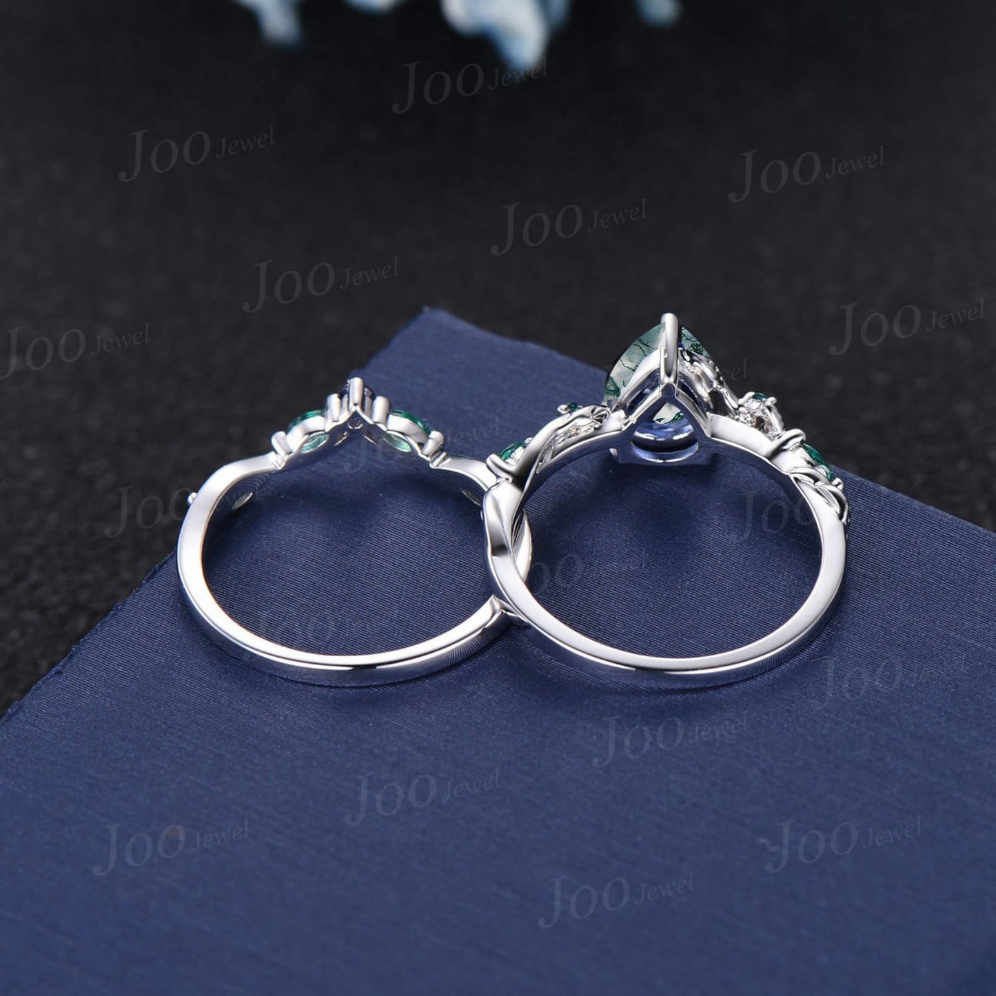 Twisted Twig Vine Pear Green Moss Agate Emerald Engagement Ring Set 14K White Gold Antique Vintage Nature Inspired Agate Promise Ring Women
