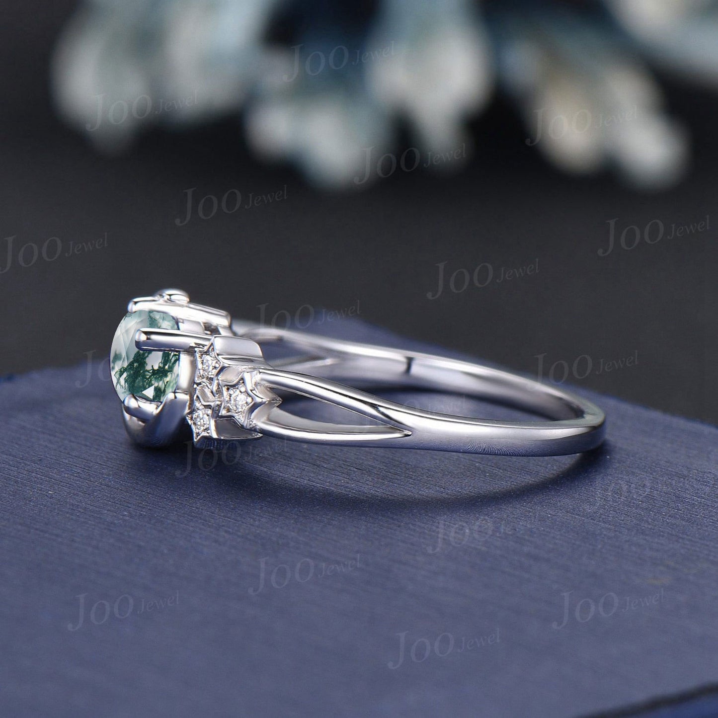 Round Natural Green Moss Agate Moon Promise/Engagement Ring Sterling Silver Split Shank Band Cluster Star Moissanite Wedding Ring for Women