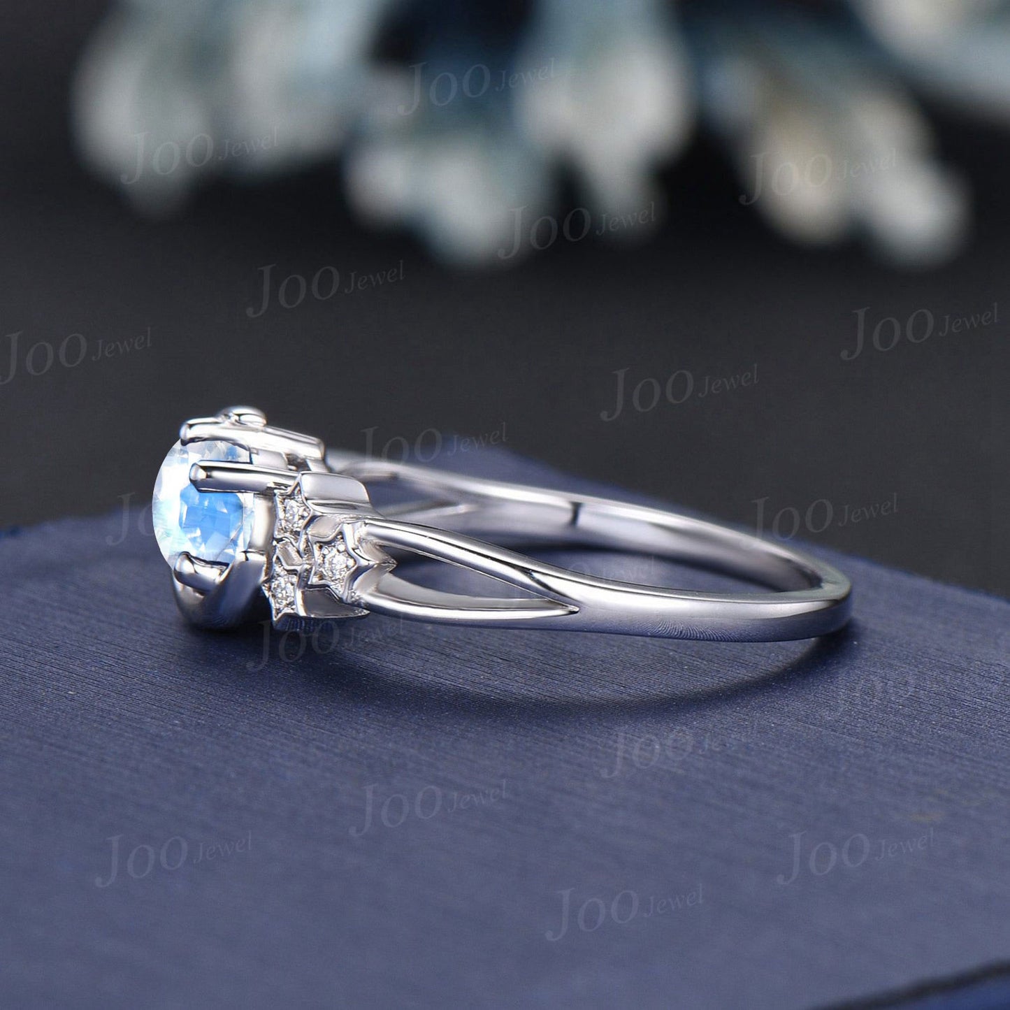 Round Natural Moonstone Promise Ring Rainbow Moonstone Moon Engagement Ring Sterling Silver Split Shank Cluster Star Wedding Ring for Women