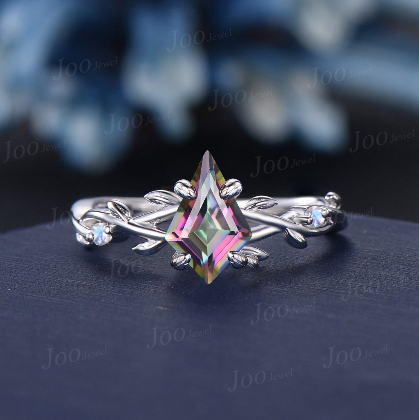 Black Gold Rainbow Mystic Topaz Moonstone Wedding Ring Set Kite Cut Mystic Topaz Bridal Set Unique Art Deco Alexandrite Twig Vine Leaf Ring
