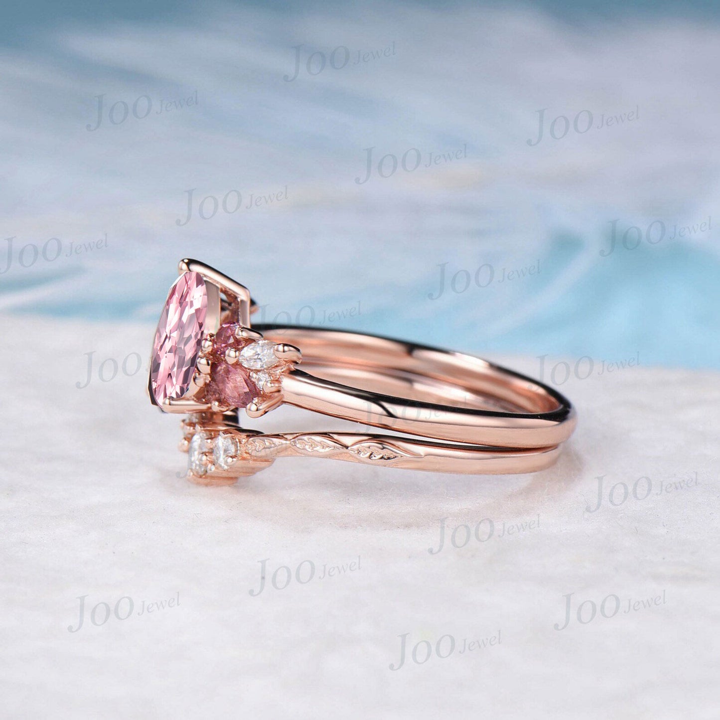 1.25ct Pear Cut Pink Padparadscha Engagement Ring Real Pink Tourmaline Moissanite Cluster Bridal Set Twig Vine Band Anniversary Gifts Women
