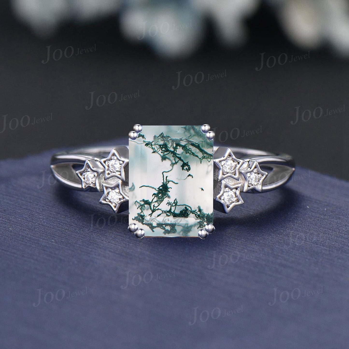 2ct/3ct/4ct Emerald Cut Natural Moss Agate Wedding Ring 8 Prong Unique Star Cluster Engagement Ring Split Shank Band Promise Ring for Women