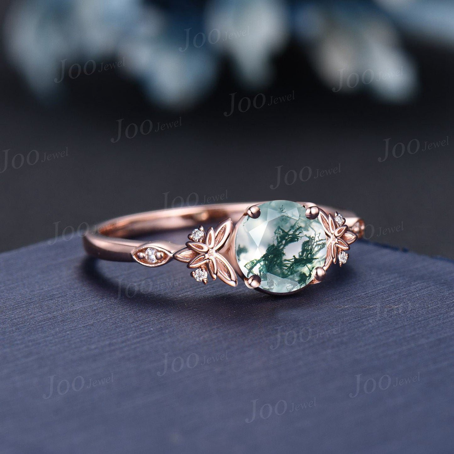 Round Cut Natural Moss Agate Diamond Wedding Ring 14K Rose Gold Celtic Trinity Knot Irish Engagement Ring Unique Anniversary Gifts for Women