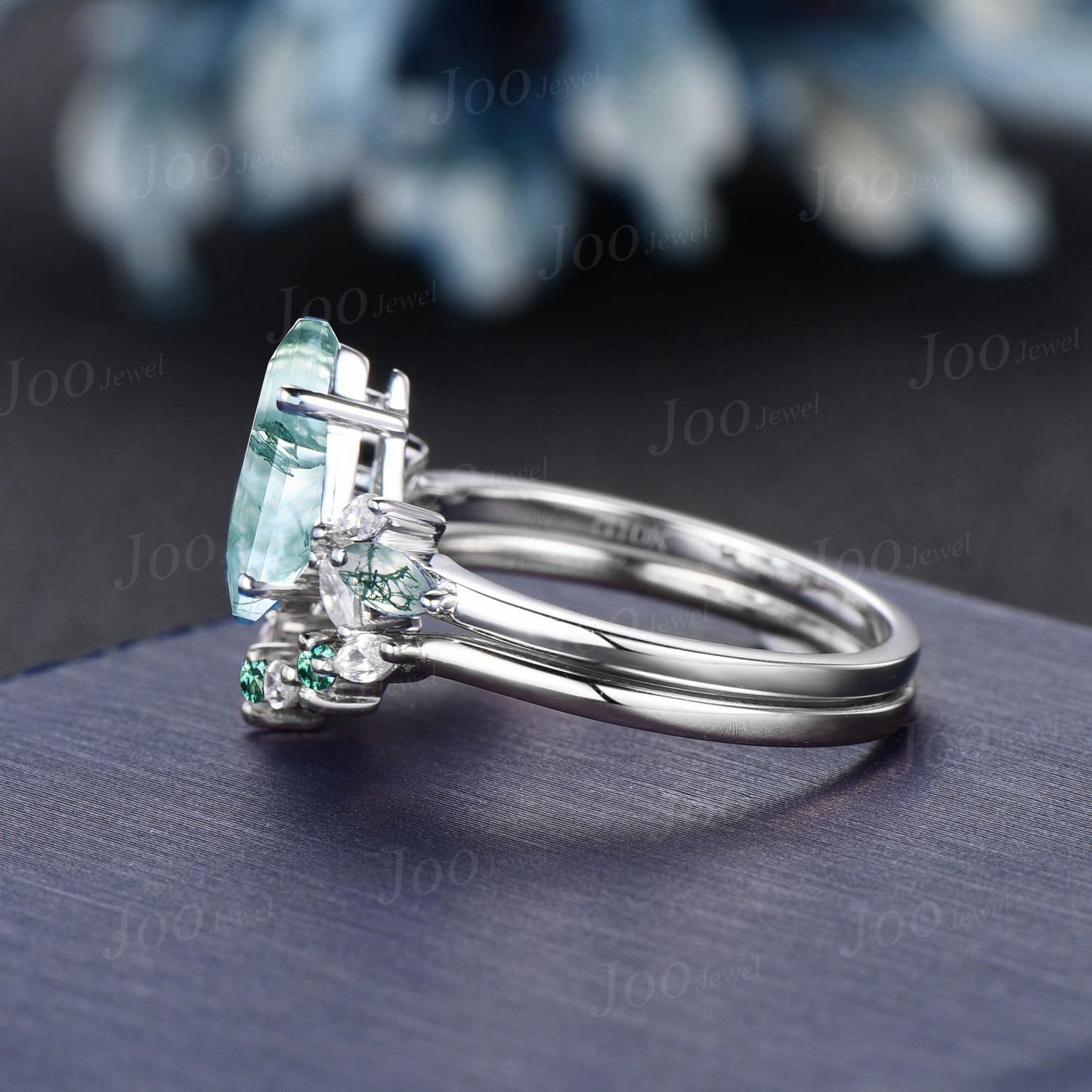 Kite Cut Natural Moss Agate Engagement Ring Set Sterling Silver Cluster Moissanite Emerald Ring Set Unique Wedding/Birthday Gifts for Women