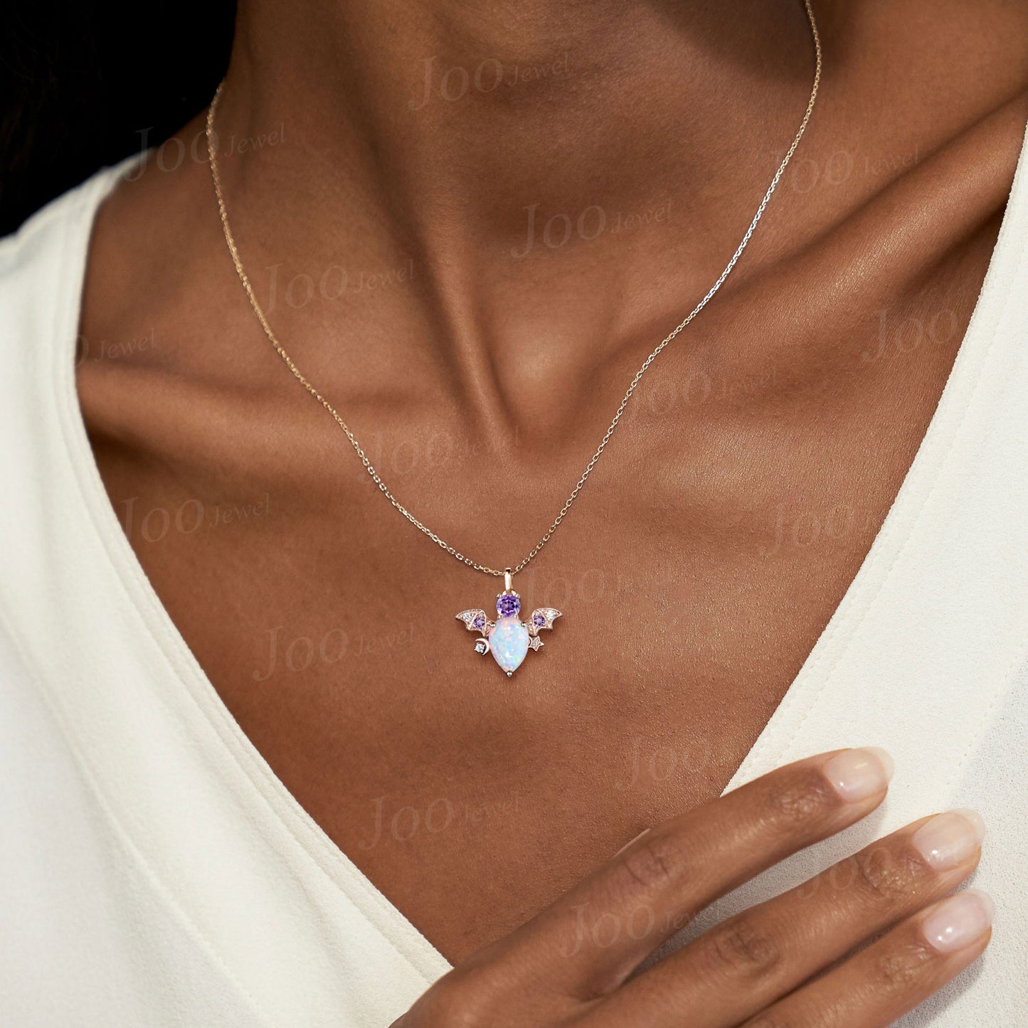 Teardrop White Fire Opal Amethyst Necklace Vintage Sterling Silver Moon Star Opal Bat Pendant Unique October Birthstone Gifts For Daughter