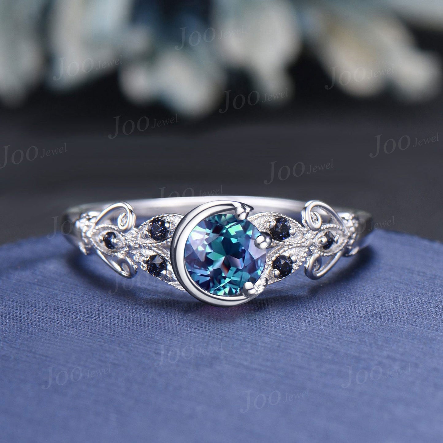 Round Cut Color-Change Alexandrite Ring Sterling Silver Moon Engagement Ring Filigree Butterfly Design Blue Sandstone Bridal Ring For Women
