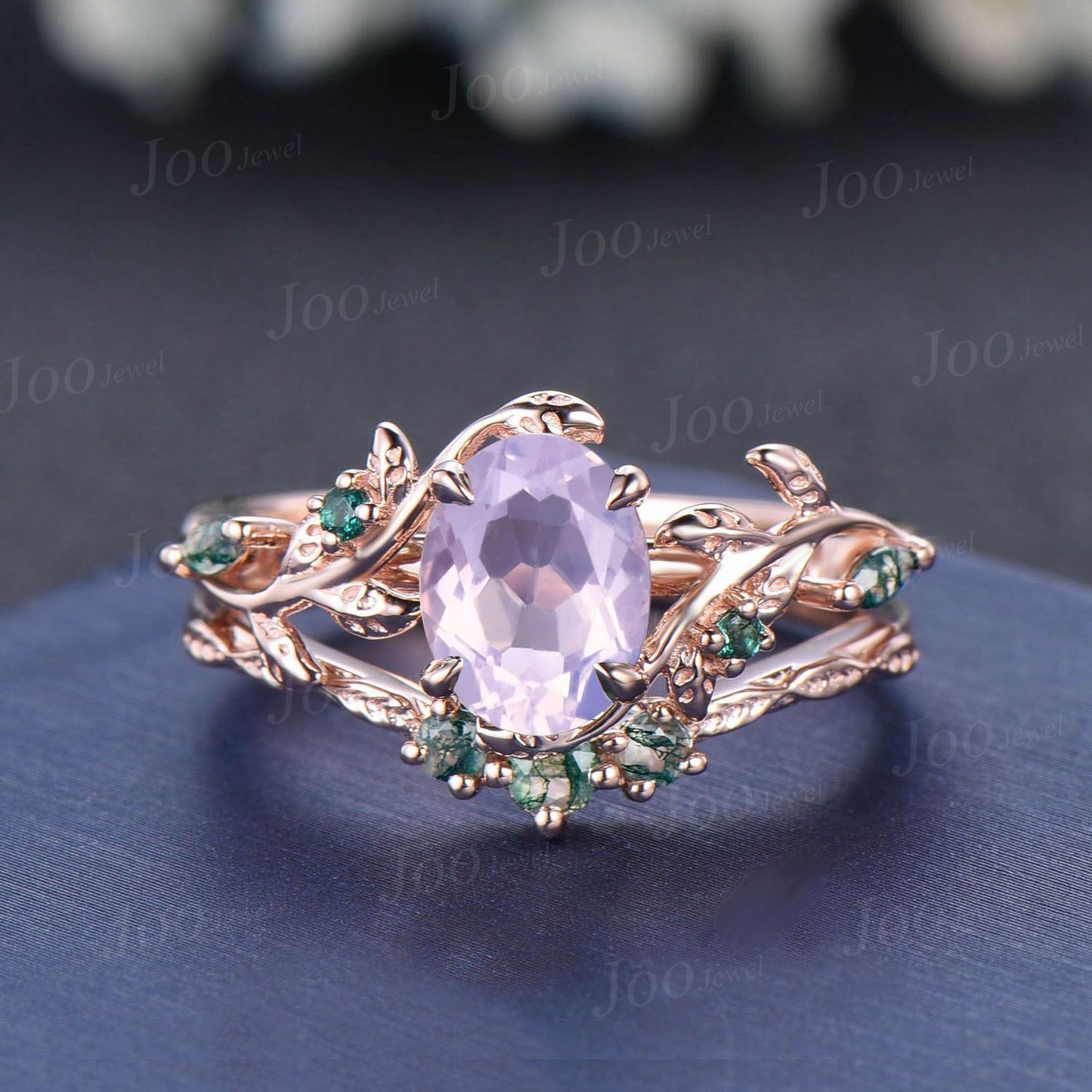 Oval Cut Lavender Amethyst Engagement Ring Vintage 14K Rose Gold Art Deco Cluster Leaf Twig Vine Moss Agate Emerald Bridal Wedding Ring Set