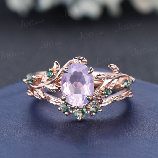 Oval Cut Lavender Amethyst Engagement Ring Vintage 14K Rose Gold Art Deco Cluster Leaf Twig Vine Moss Agate Emerald Bridal Wedding Ring Set