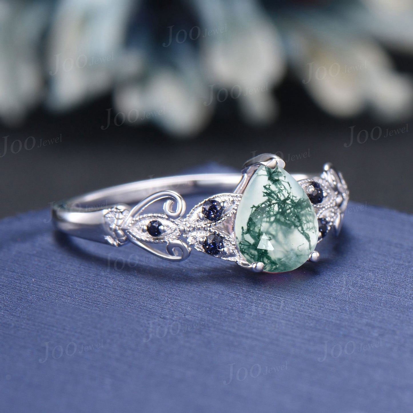 Unique Filigree Design Natural Moss Agate Blue Sandstone Engagement Ring for Women 1.25ct Pear Moss Agate Ring Silver Butterfly Wedding Ring