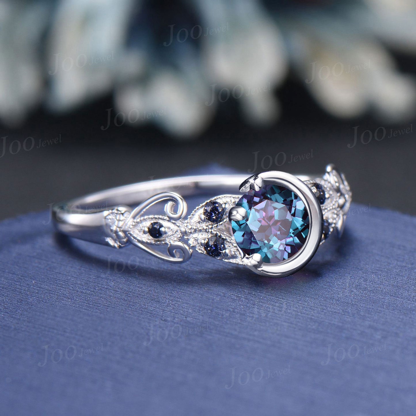 Round Cut Color-Change Alexandrite Ring Sterling Silver Moon Engagement Ring Filigree Butterfly Design Blue Sandstone Bridal Ring For Women