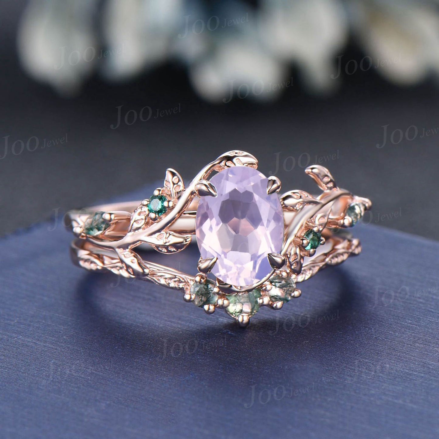 Oval Cut Lavender Amethyst Engagement Ring Vintage 14K Rose Gold Art Deco Cluster Leaf Twig Vine Moss Agate Emerald Bridal Wedding Ring Set