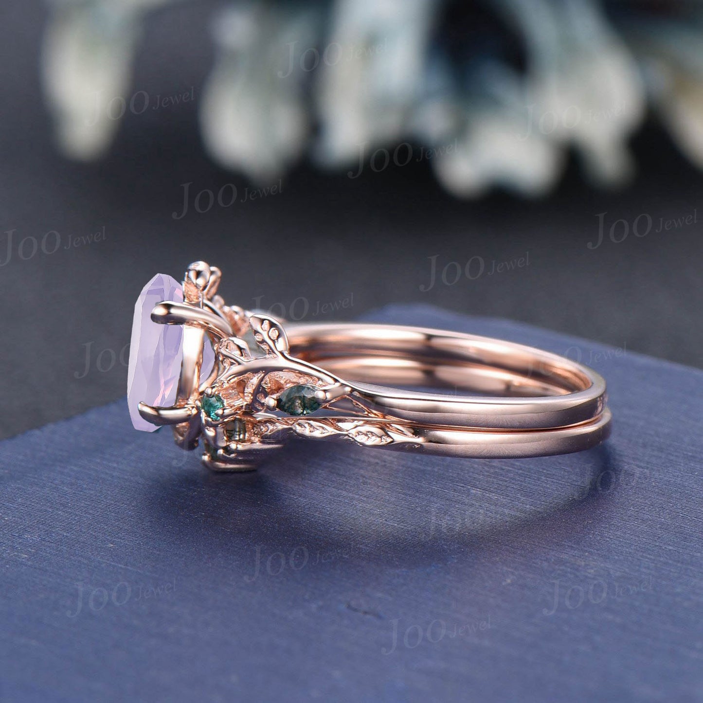 Oval Cut Lavender Amethyst Engagement Ring Vintage 14K Rose Gold Art Deco Cluster Leaf Twig Vine Moss Agate Emerald Bridal Wedding Ring Set