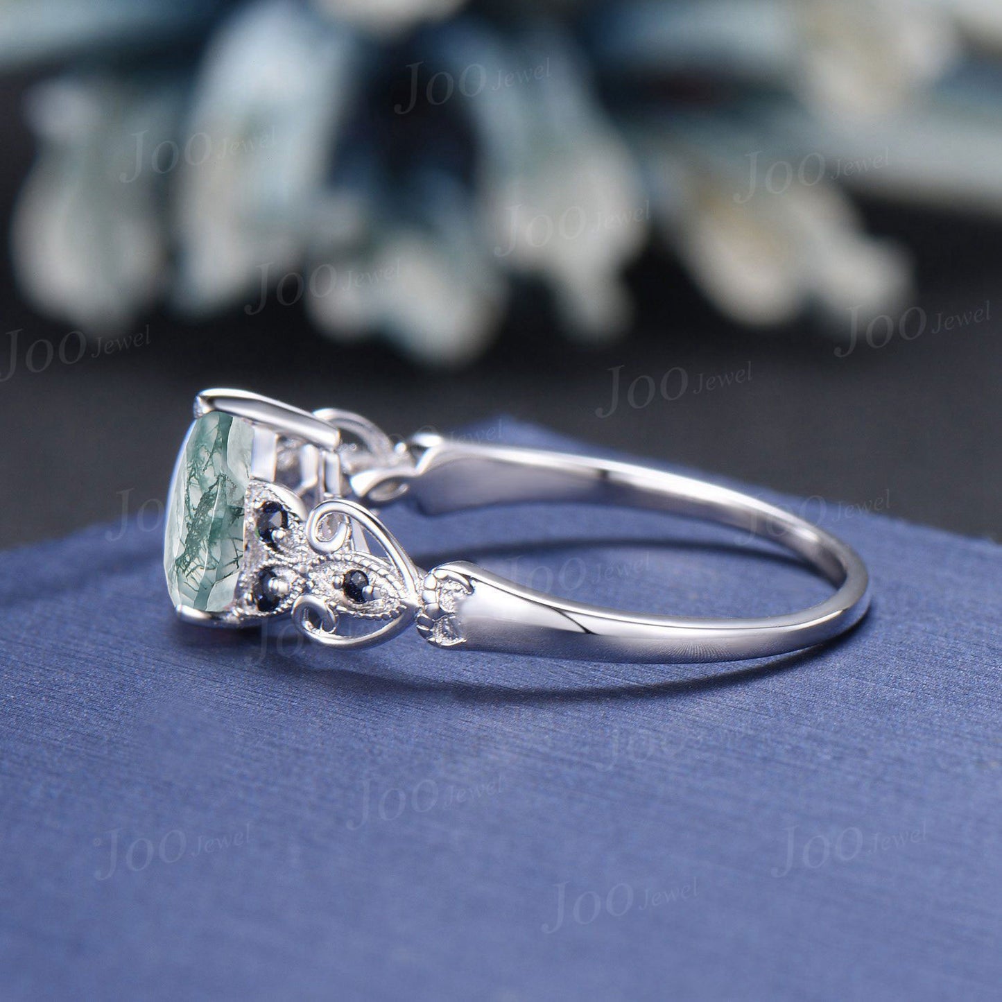 Unique Filigree Design Natural Moss Agate Blue Sandstone Engagement Ring for Women 1.25ct Pear Moss Agate Ring Silver Butterfly Wedding Ring