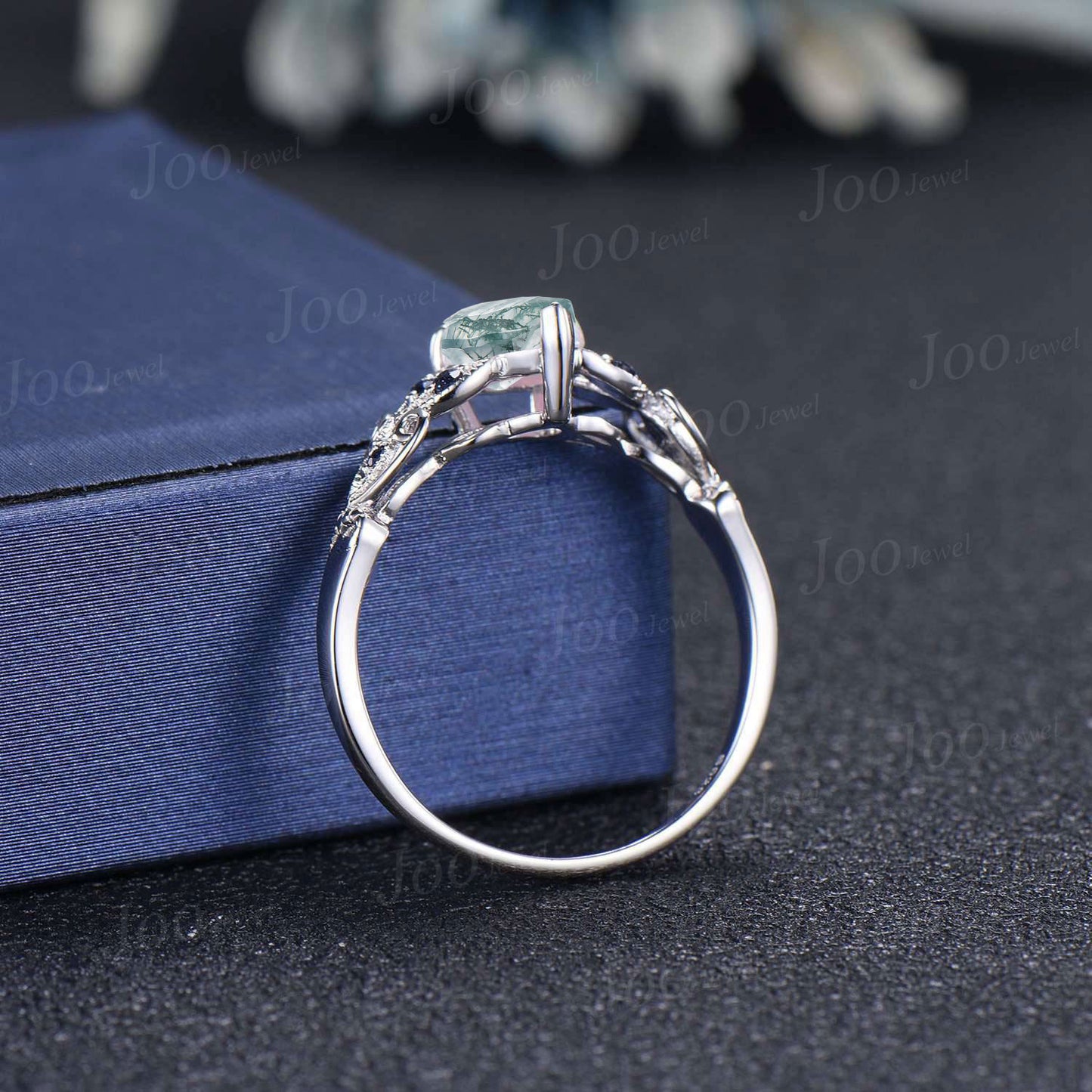 Unique Filigree Design Natural Moss Agate Blue Sandstone Engagement Ring for Women 1.25ct Pear Moss Agate Ring Silver Butterfly Wedding Ring
