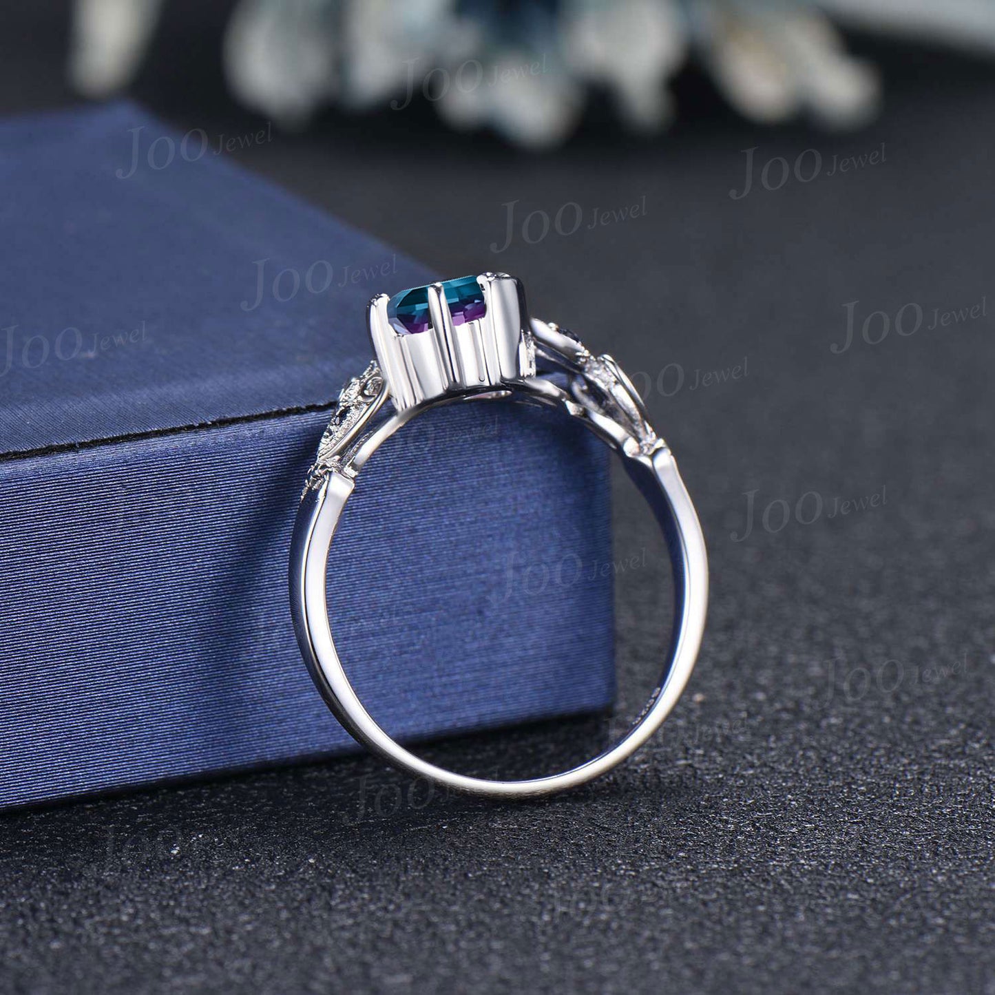 Round Cut Color-Change Alexandrite Ring Sterling Silver Moon Engagement Ring Filigree Butterfly Design Blue Sandstone Bridal Ring For Women