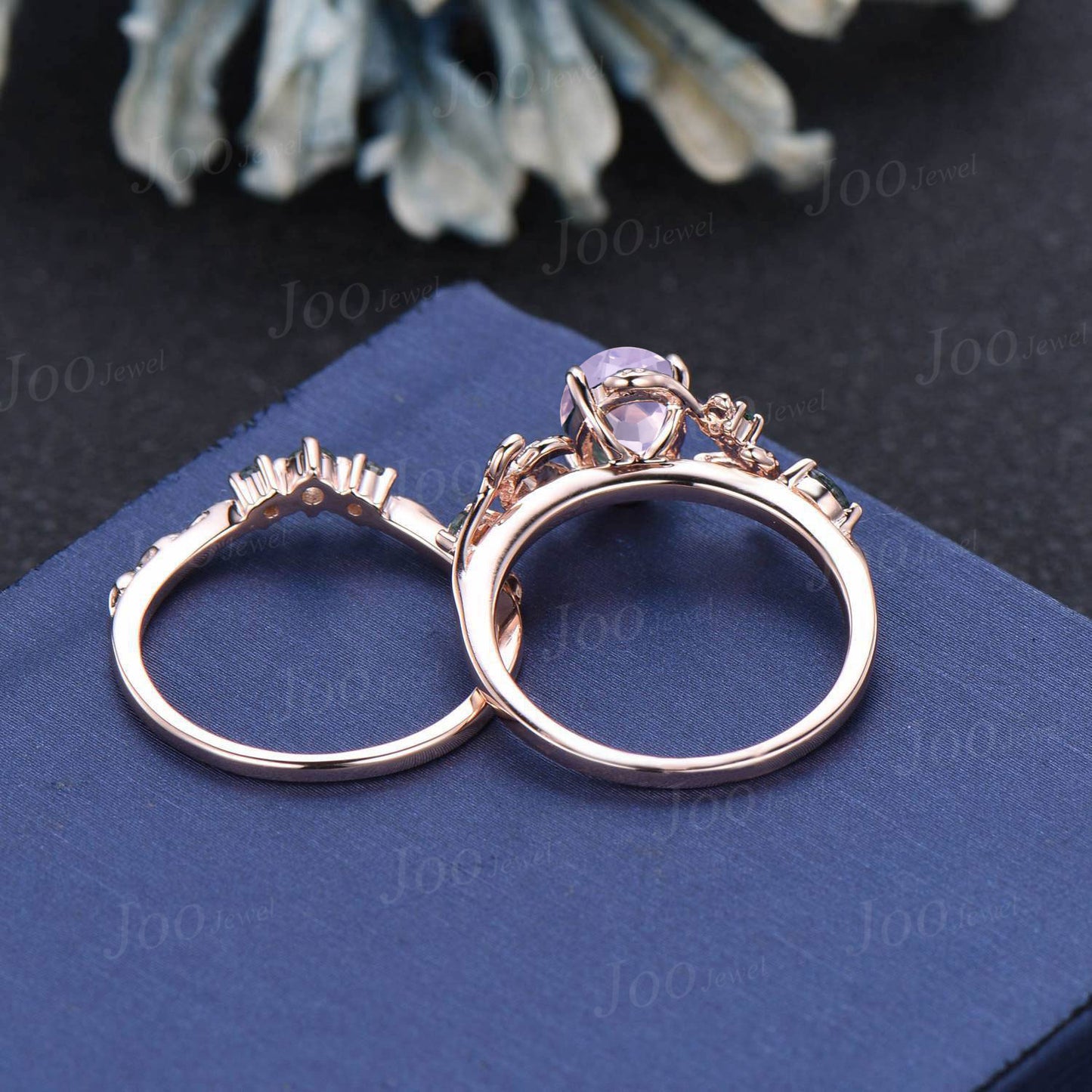 Oval Cut Lavender Amethyst Engagement Ring Vintage 14K Rose Gold Art Deco Cluster Leaf Twig Vine Moss Agate Emerald Bridal Wedding Ring Set
