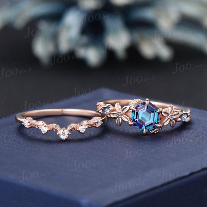 1ct Nature Inspired Hexagon Alexandrite Engagement Ring Rose Flower Wedding Ring Floral Leaf Moissanite Ring June Birthstone Jewelry Gift