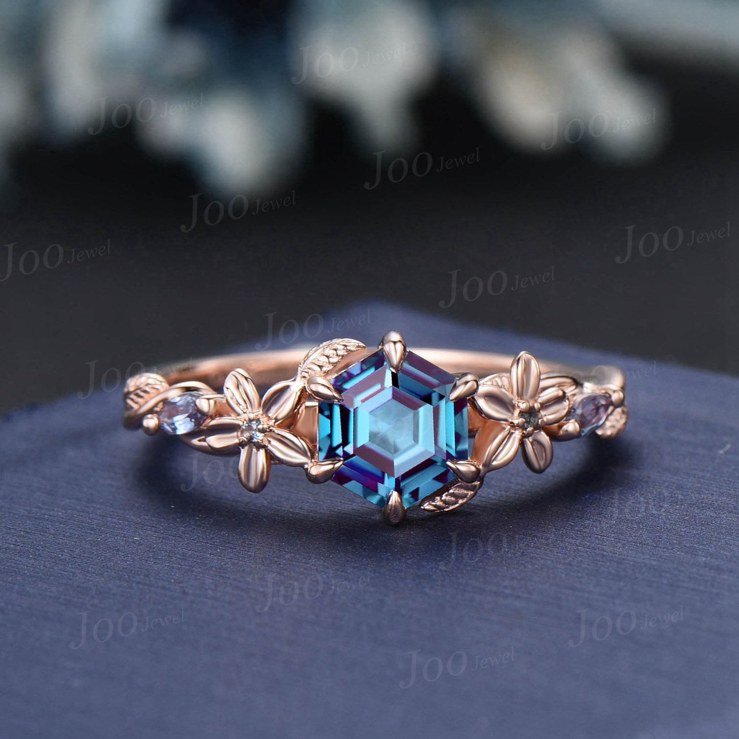 1ct Nature Inspired Hexagon Alexandrite Engagement Ring Rose Flower Wedding Ring Floral Leaf Moissanite Ring June Birthstone Jewelry Gift