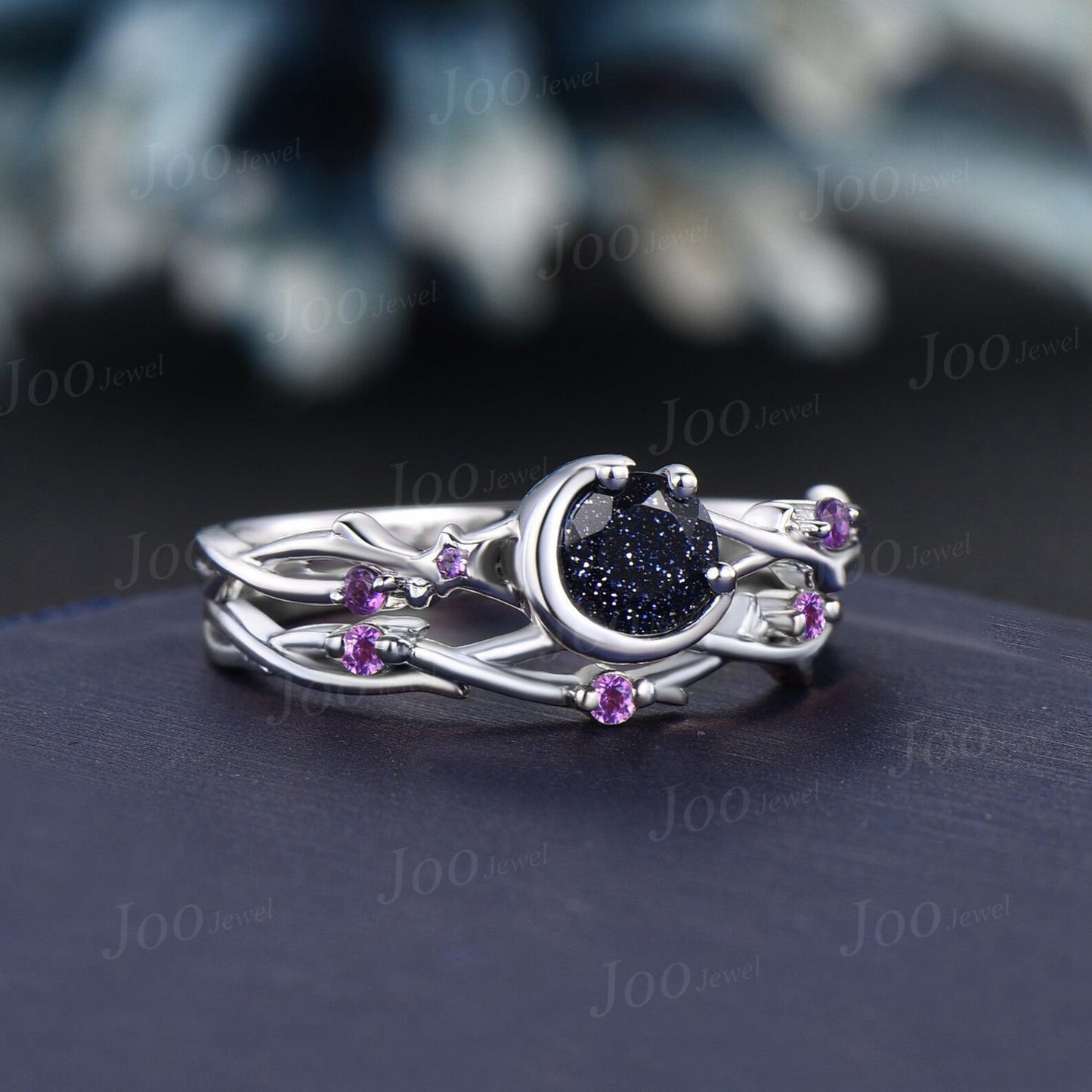 5mm Round Cut Twig Vine Starry Sky Galaxy Blue Sandstone Ring Set Sterling Silver Moon Star Amethyst Ring Celestial Moon Blue Goldstone Ring