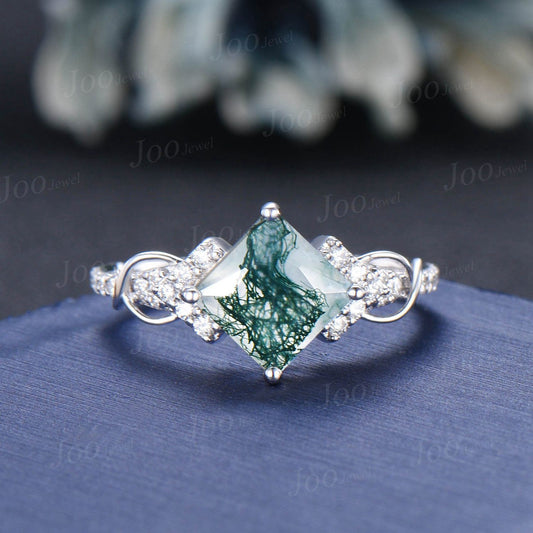 Princess Cut Natural Moss Agate Engagement Ring Sterling Silver Half Eternity Moissanite Ring Unique Infinity Love Promise/Anniversary Gift