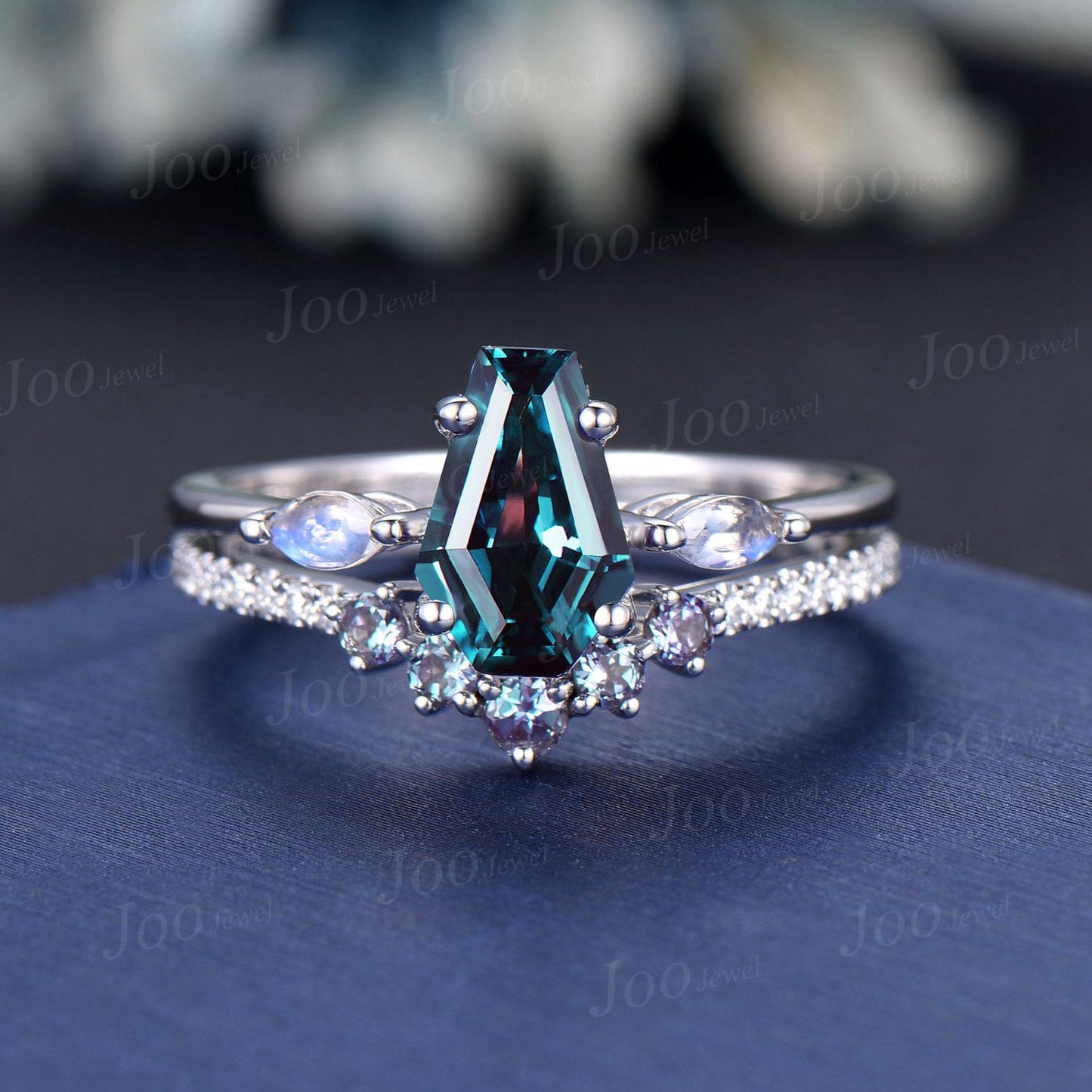 Coffin Shaped Alexandrite Moonstone Engagement Rings Set 14K Rose Gold Coffin Wedding Ring Color Changing Alexandrite Band Statement Ring