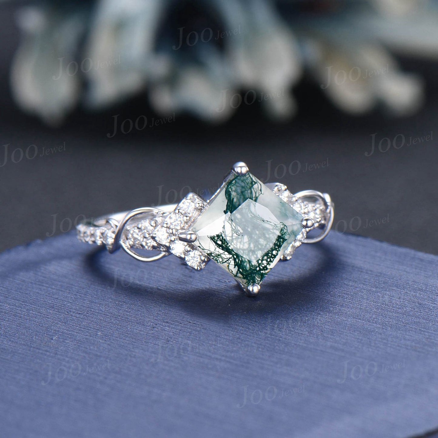 Princess Cut Natural Moss Agate Engagement Ring Sterling Silver Half Eternity Moissanite Ring Unique Infinity Love Promise/Anniversary Gift