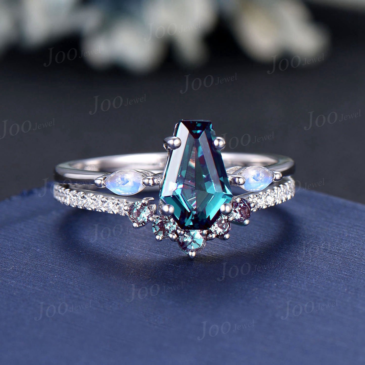 Coffin Shaped Alexandrite Moonstone Engagement Rings Set 14K Rose Gold Coffin Wedding Ring Color Changing Alexandrite Band Statement Ring