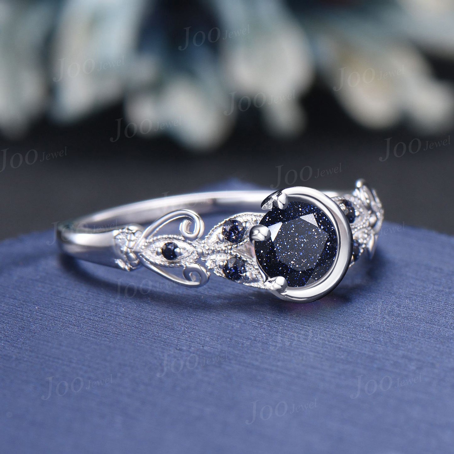 Round Cut Galaxy Blue Sandstone Filigree Ring Sterling Silver Celestial Moon Blue Goldstone Engagement Ring Cluster Butterfly Wedding Ring
