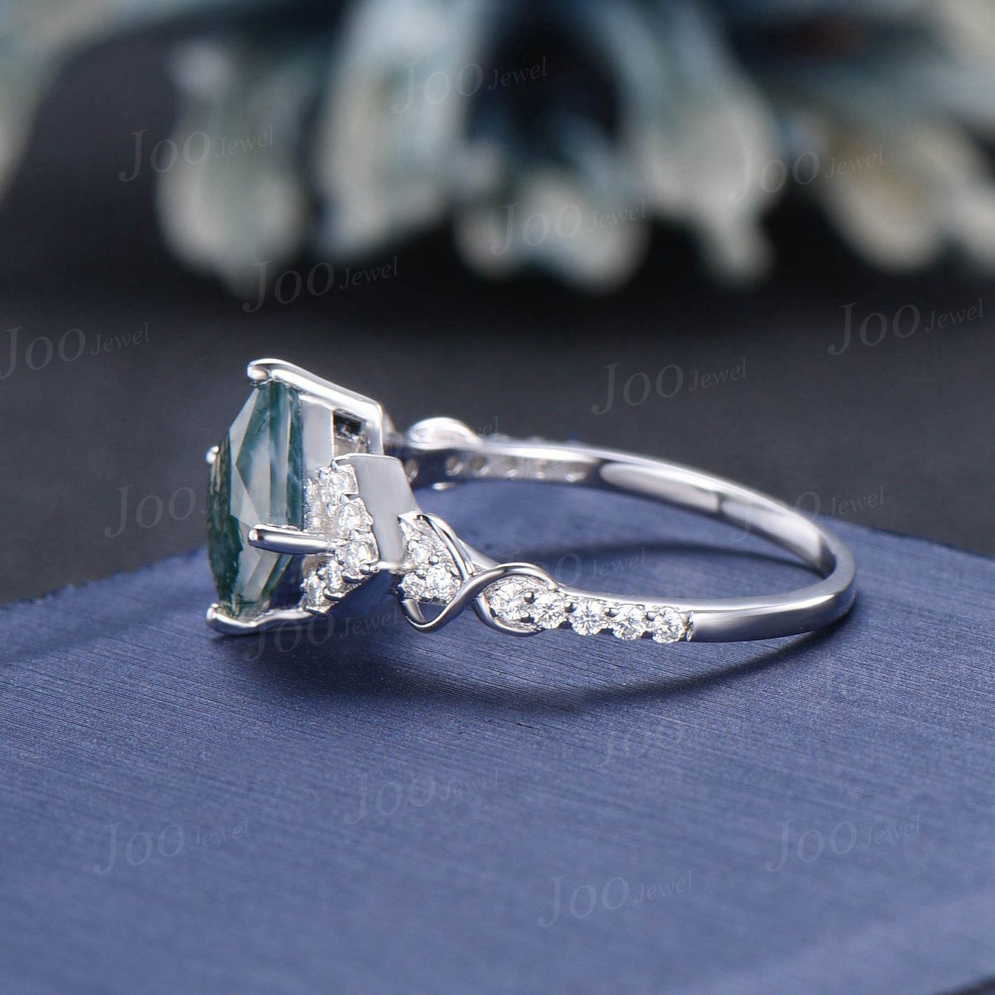 Princess Cut Natural Moss Agate Engagement Ring Sterling Silver Half Eternity Moissanite Ring Unique Infinity Love Promise/Anniversary Gift