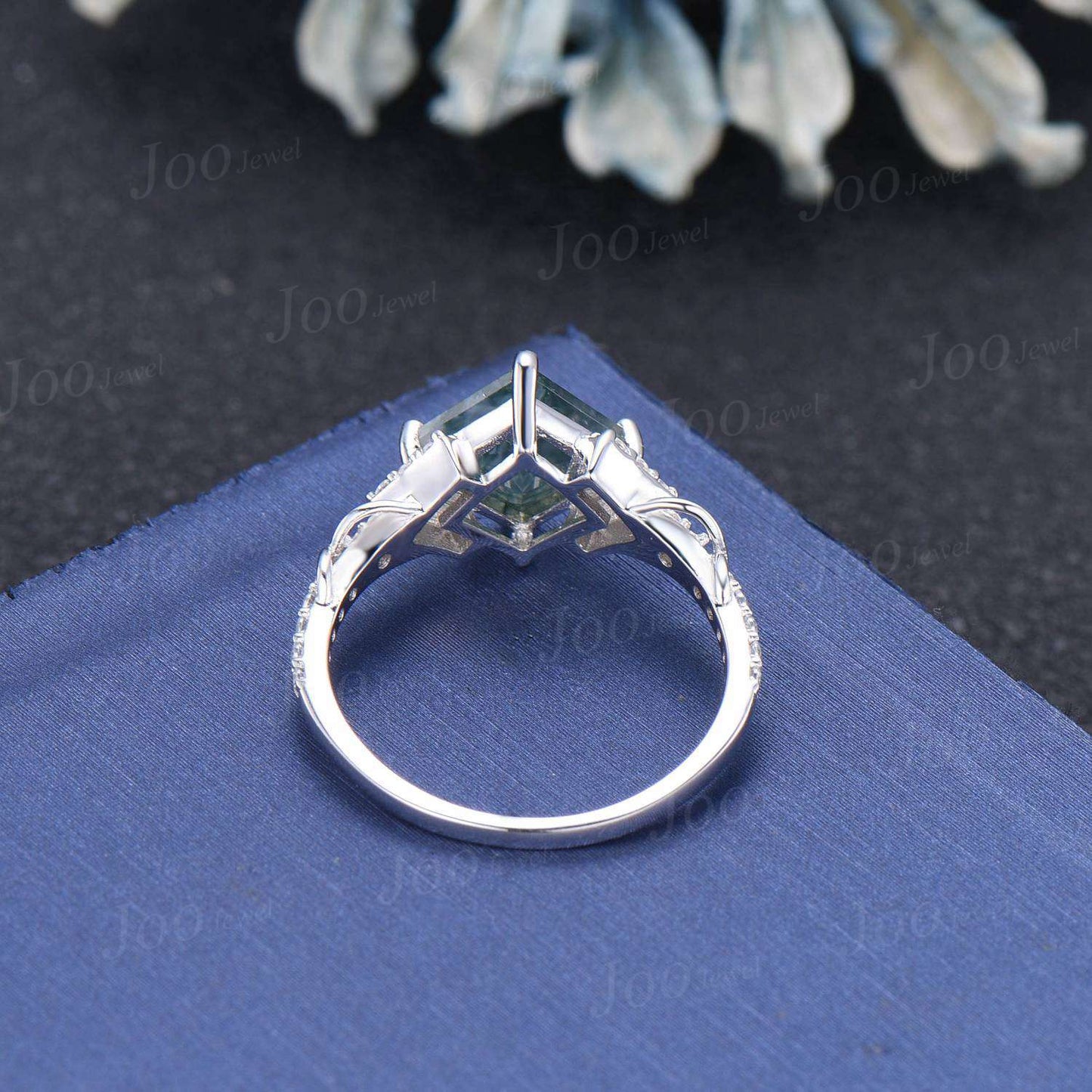 Princess Cut Natural Moss Agate Engagement Ring Sterling Silver Half Eternity Moissanite Ring Unique Infinity Love Promise/Anniversary Gift