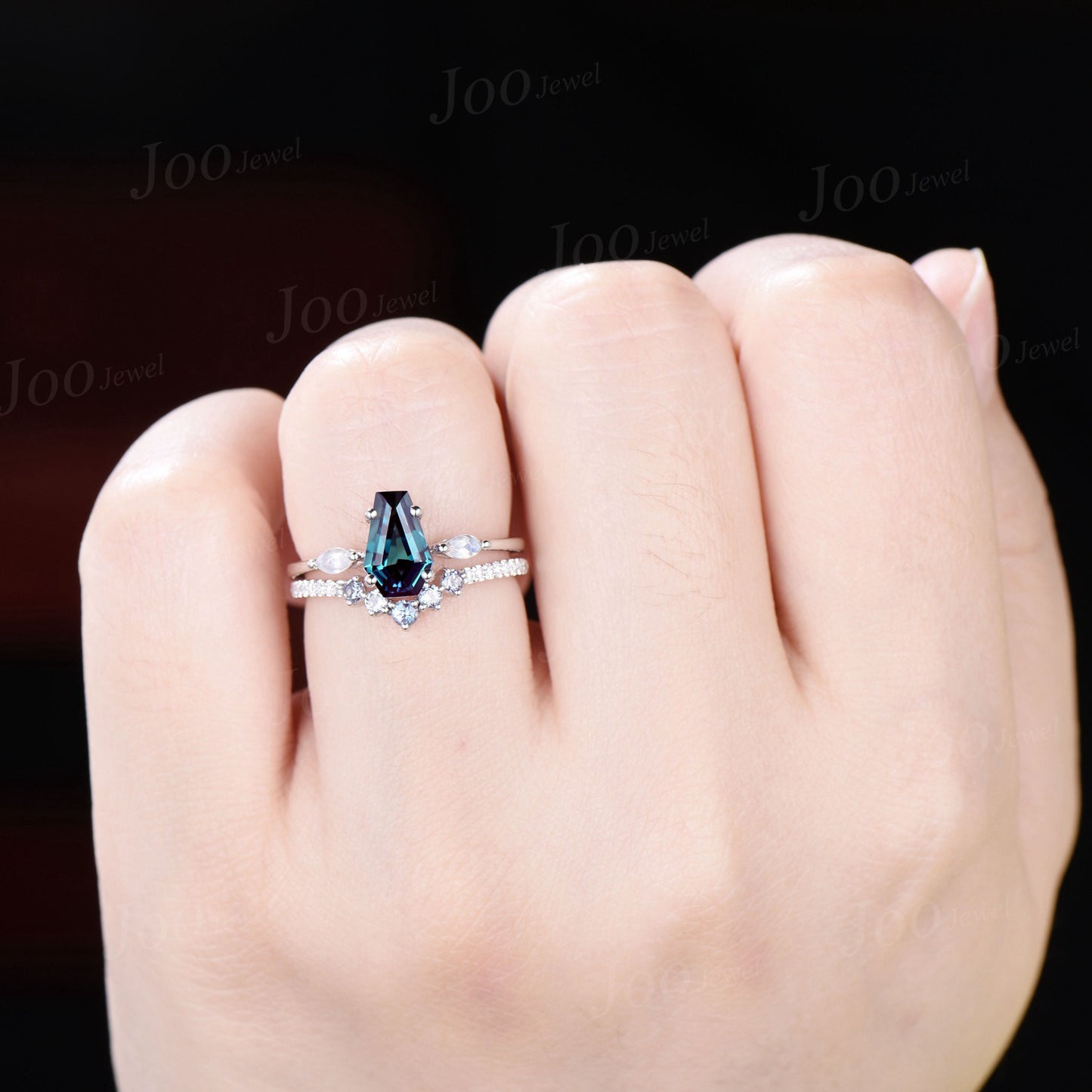 Coffin Shaped Alexandrite Moonstone Engagement Rings Set 14K Rose Gold Coffin Wedding Ring Color Changing Alexandrite Band Statement Ring