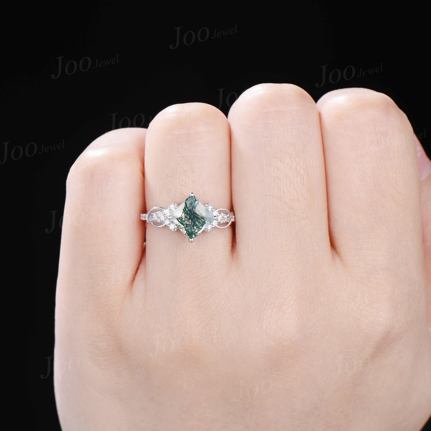 Princess Cut Natural Moss Agate Engagement Ring Sterling Silver Half Eternity Moissanite Ring Unique Infinity Love Promise/Anniversary Gift