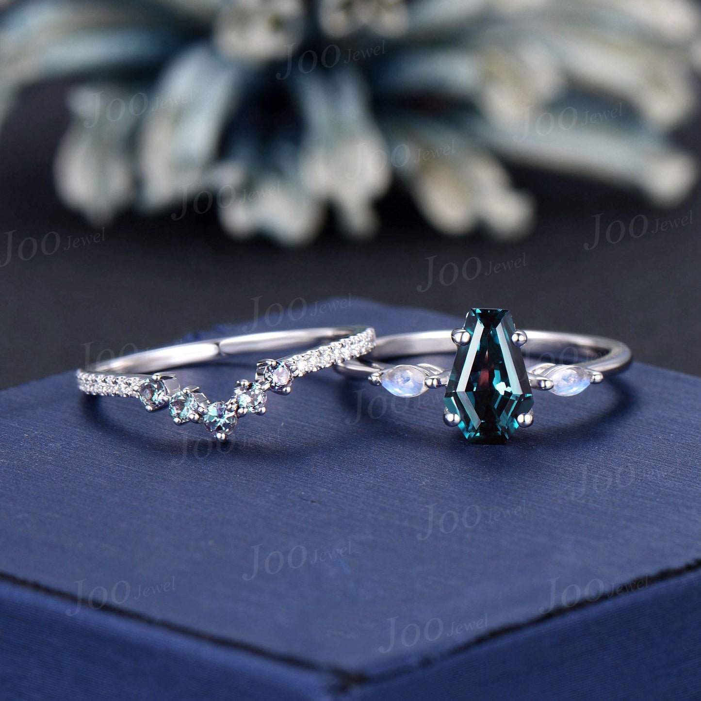 Coffin Shaped Alexandrite Moonstone Engagement Rings Set 14K Rose Gold Coffin Wedding Ring Color Changing Alexandrite Band Statement Ring