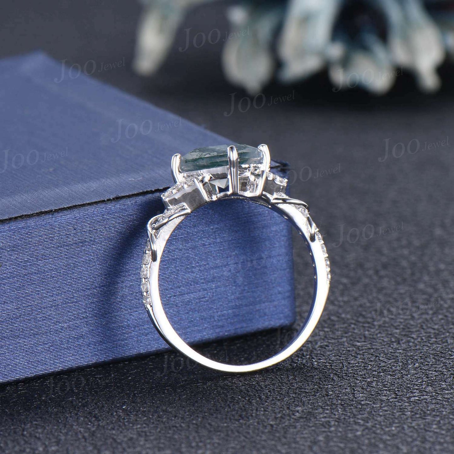 Princess Cut Natural Moss Agate Engagement Ring Sterling Silver Half Eternity Moissanite Ring Unique Infinity Love Promise/Anniversary Gift