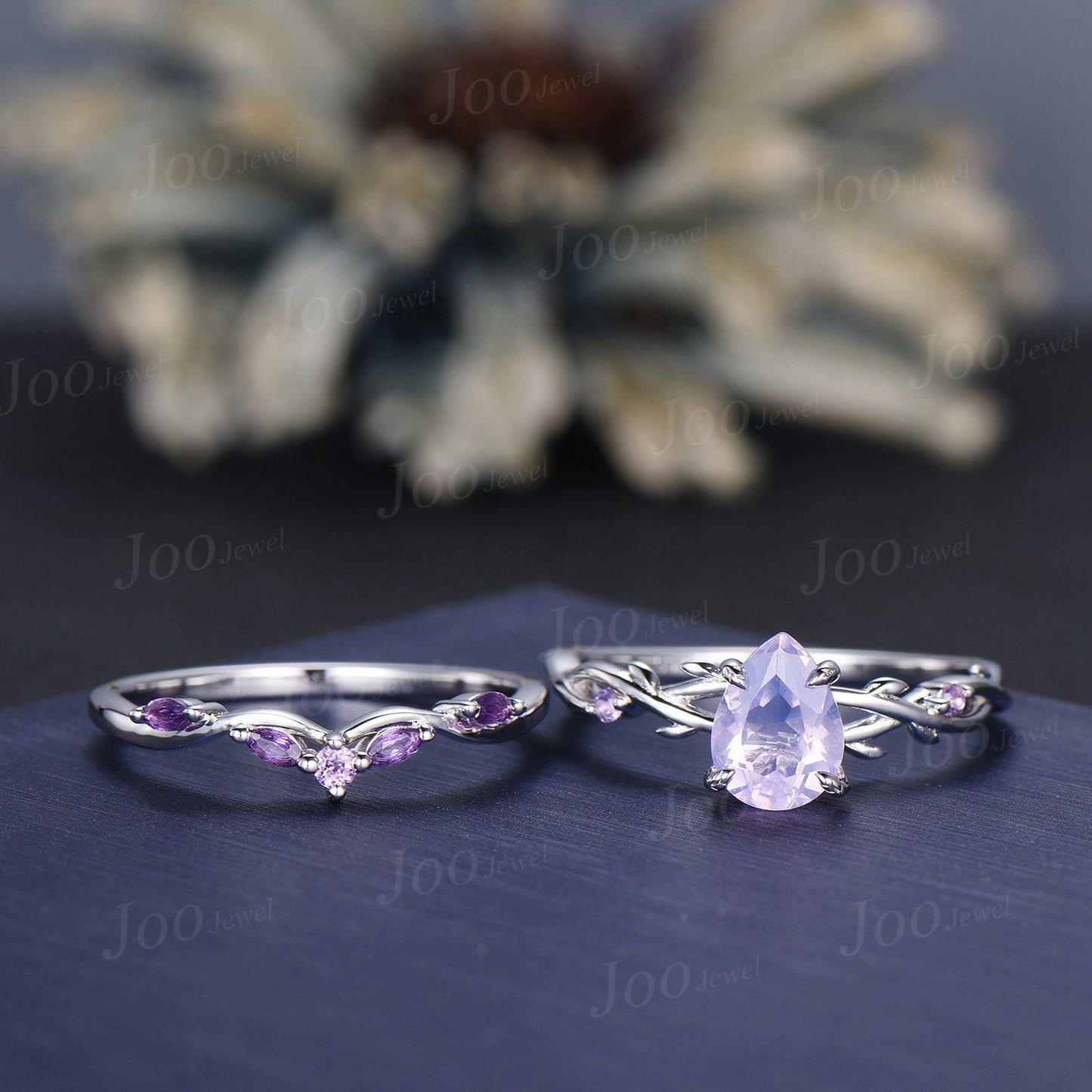 1.25ct Nature Inspired Pear Cut Natural Lavender Amethyst Bridal Ring Set Sterling Silver Light Purple Crystal Twig Vine Wedding Ring Gift