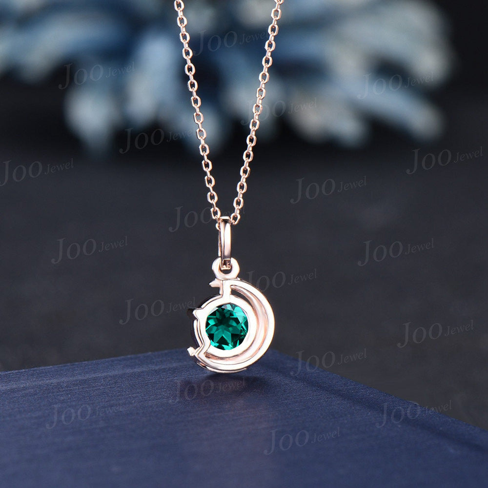 1ct Round Green Emerald Pendant Necklace Sterling Silver/14K Yellow Gold May Birthstone Gemstone Necklace Half Moon Emerald Chain Necklaces