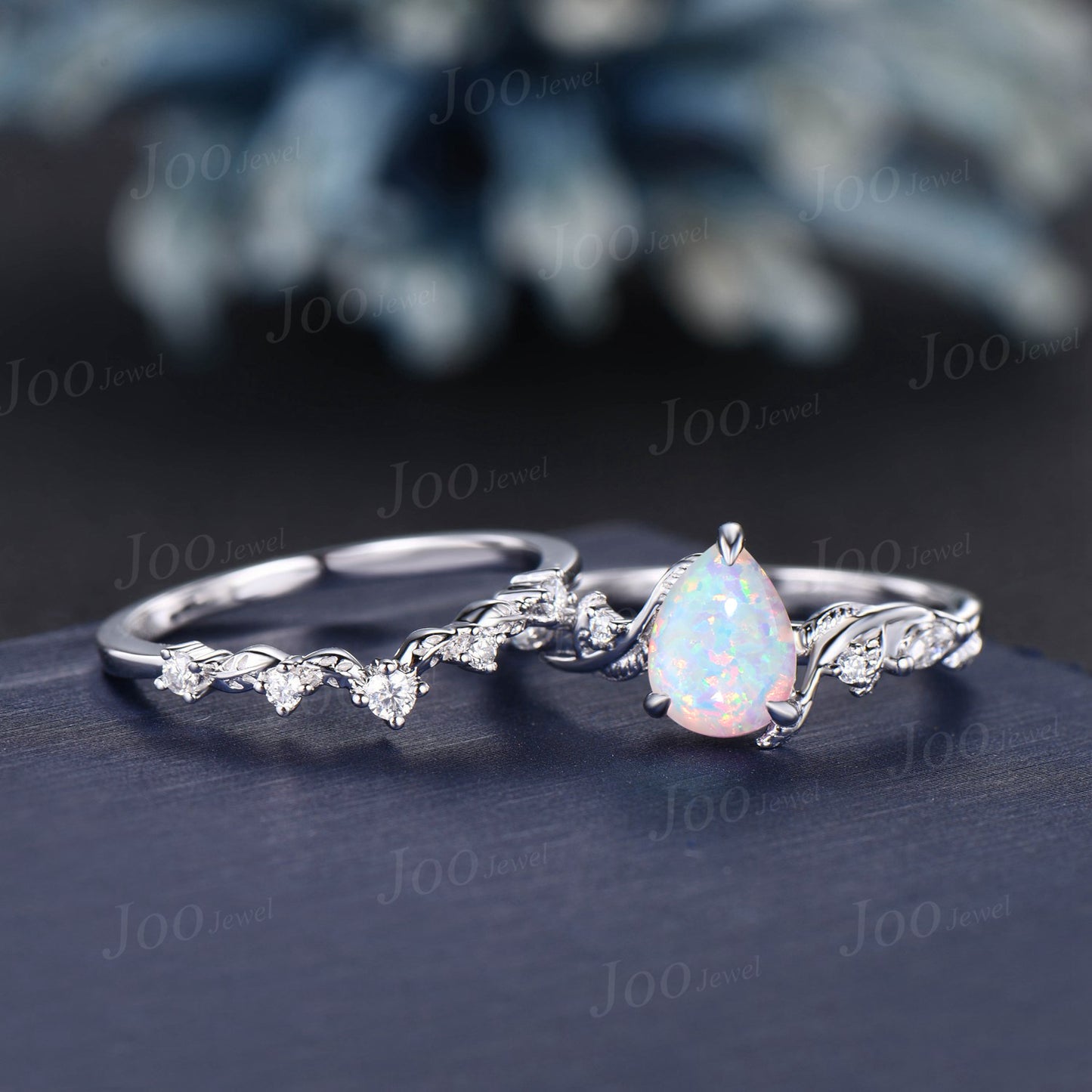 Twist Twig Vine Nature Inspired White Opal Diamond Engagement Ring 14K White Gold 1.25ct Pear Opal Wedding Ring Leaf Bridal Set Promise Gift