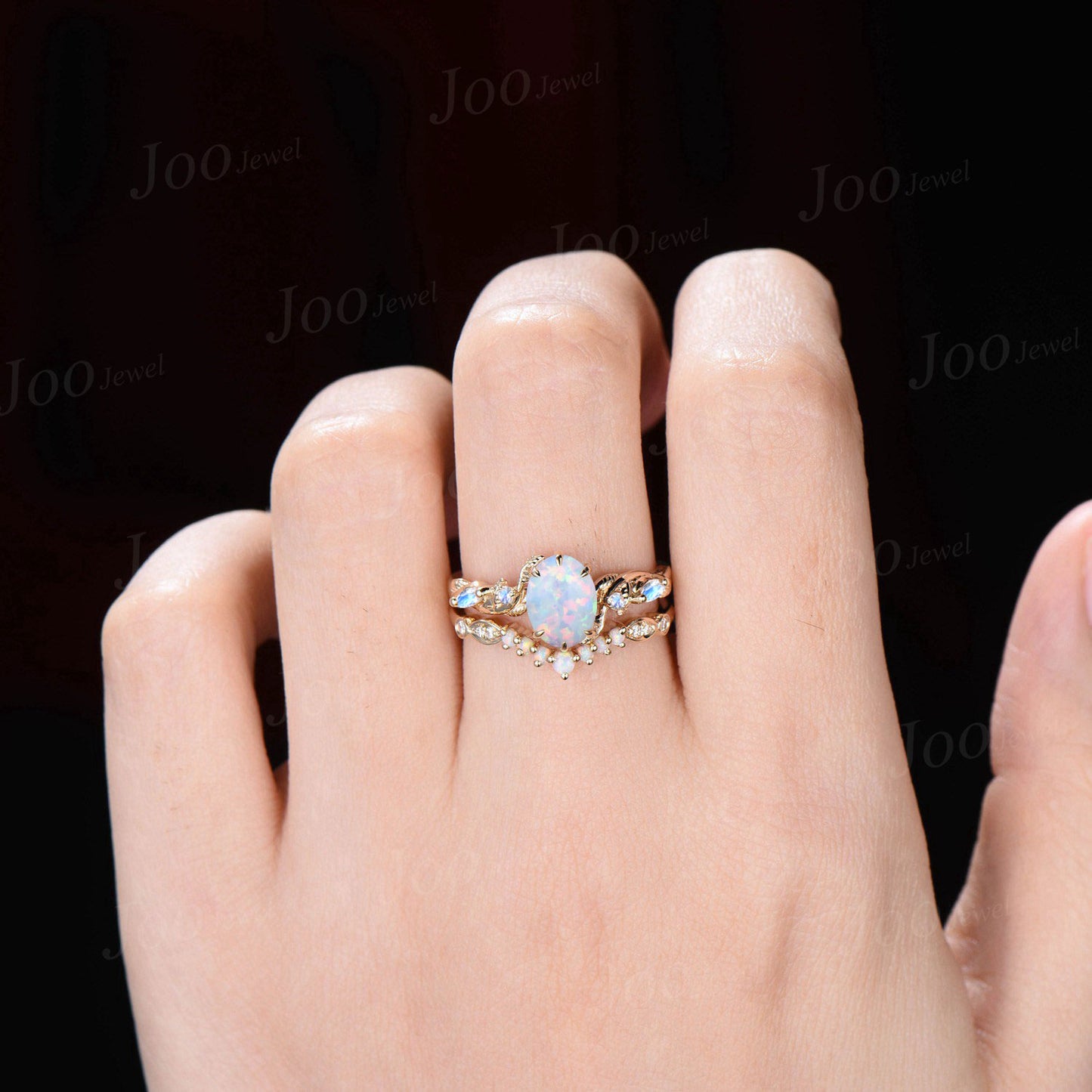 Twig Branch White Opal Ring Set 10K Rose Gold 1.5ct Oval Cut Nature Opal Moonstone Engagement Ring Opal Wedding Band October Birthstone Gift