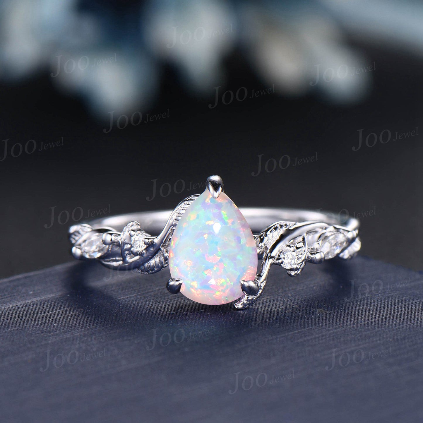 Twist Twig Vine Nature Inspired White Opal Diamond Engagement Ring 14K White Gold 1.25ct Pear Opal Wedding Ring Leaf Bridal Set Promise Gift