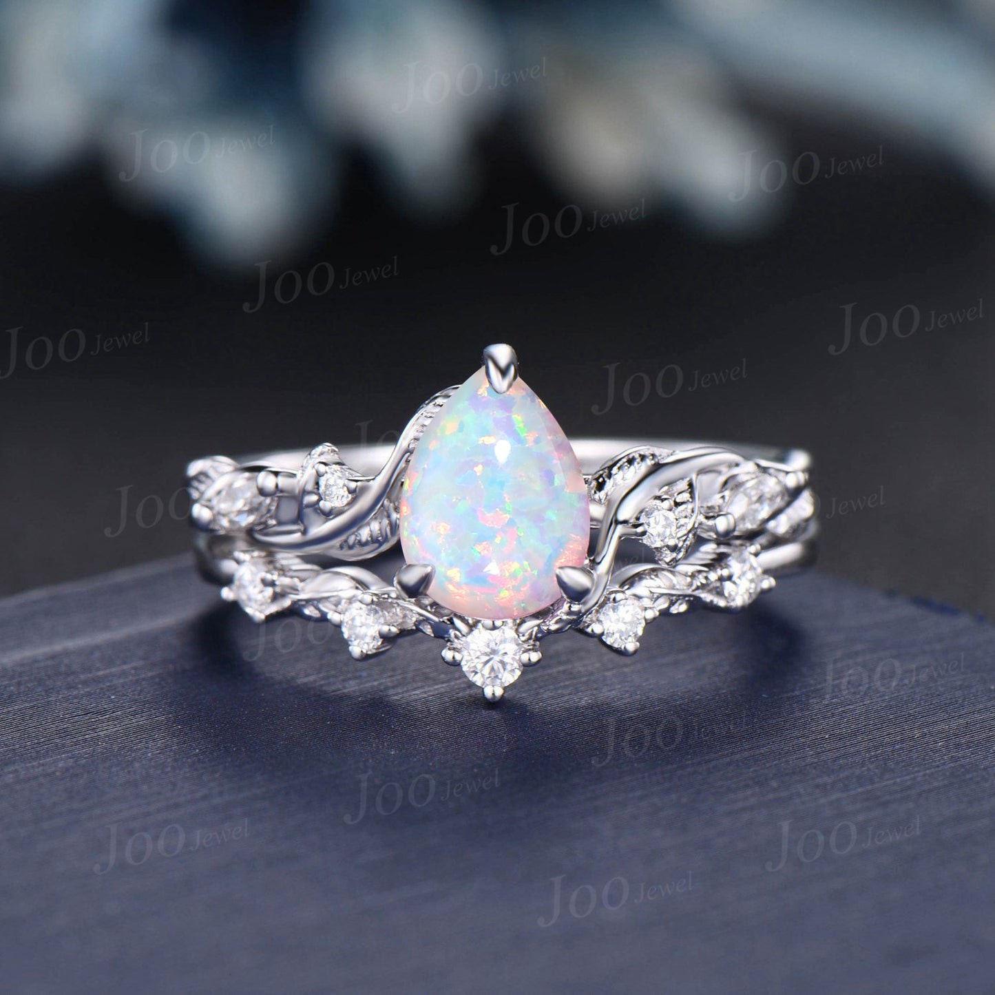 Twist Twig Vine Nature Inspired White Opal Diamond Engagement Ring 14K White Gold 1.25ct Pear Opal Wedding Ring Leaf Bridal Set Promise Gift
