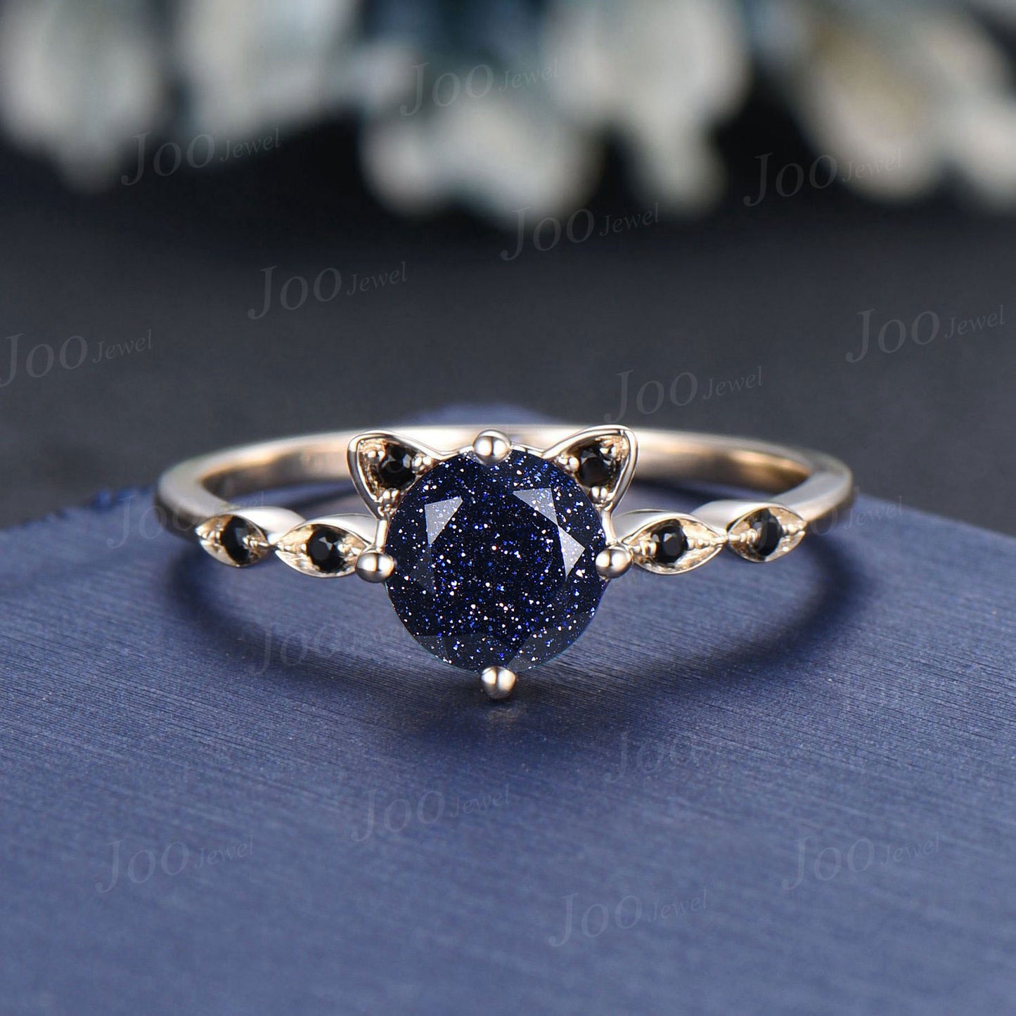 14K Real Gold Round Galaxy Blue Sandstone Cat Wedding Ring Vintage Kitten Cat Engagement Ring Black Spinel Ring Gifts for Cat Lover/Daughter