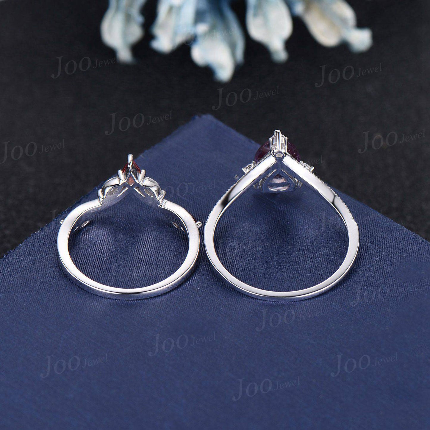 Pear Shaped Natural Red Garnet Ring Set Tiara Bridal Set Moissanite Kite Garnet Jewelry January Birthstone Wedding Ring Unique Proposal Gift